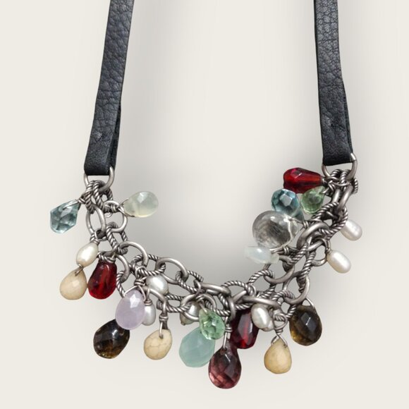 Silpada Rainbow Leather and Sterling Multi Stone and Pearl Necklace